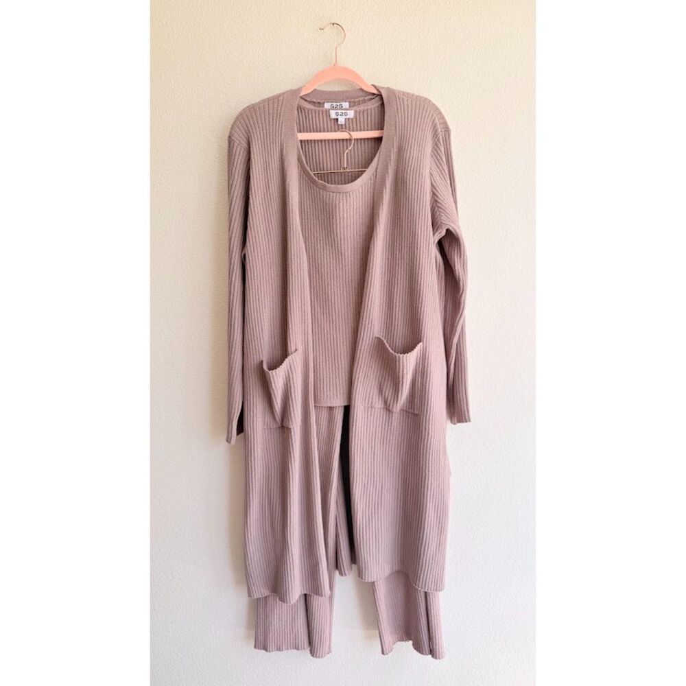 525 Three Piece Lounge Set in Cozy Ribbed Knit Brown Tank Duster & Pants size L